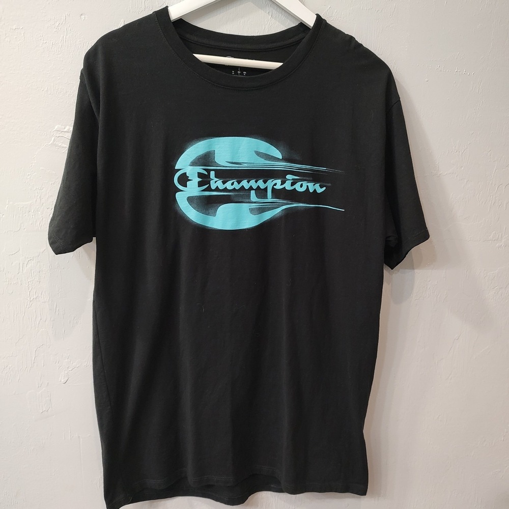 Champion Big Logo Crewneck Black Athletic Gym Knit  Blue GraphicT Shirt Sz Large